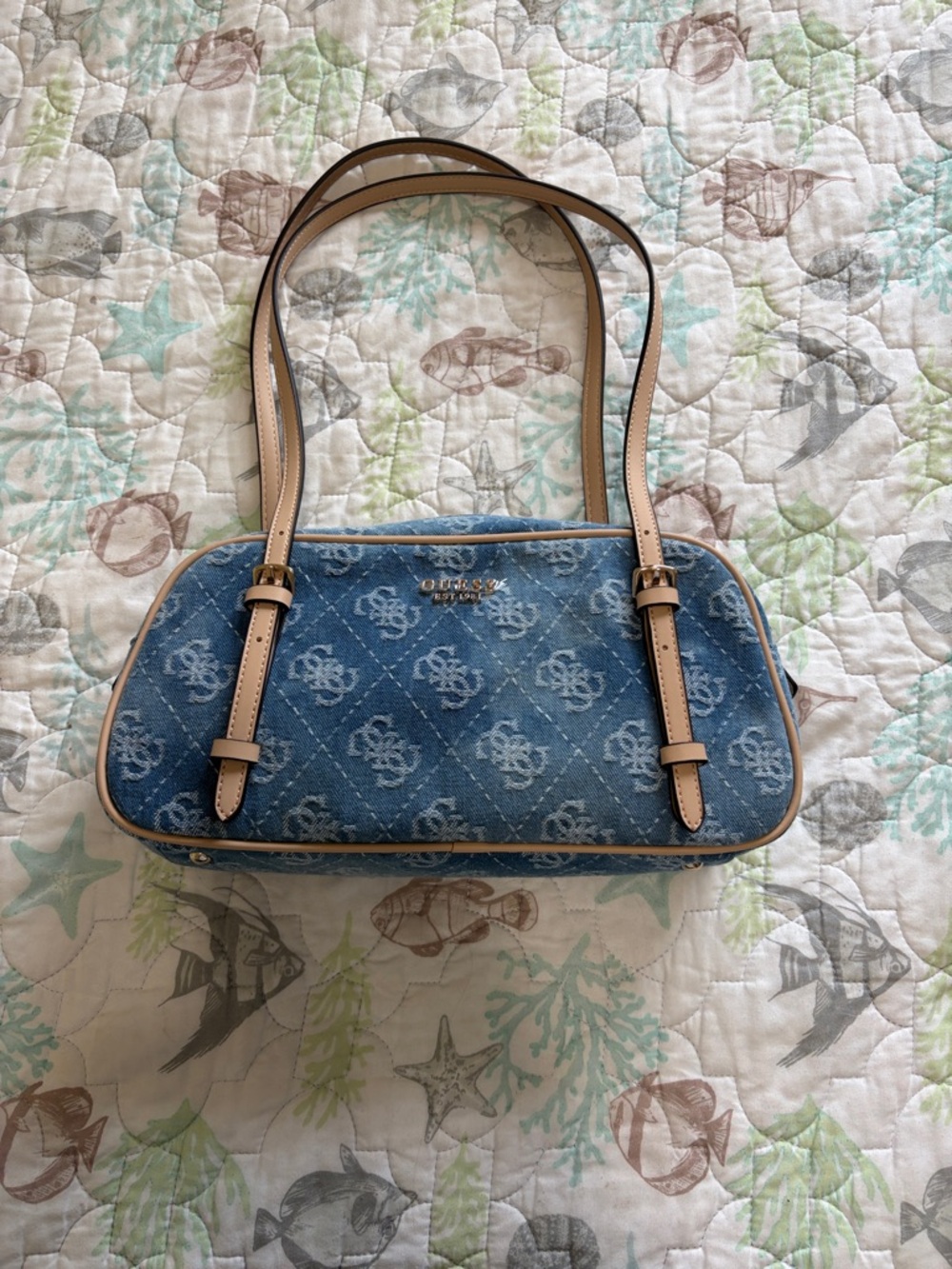 New with tags Guess Blue Denim Shoulder Bag with Tan Trim